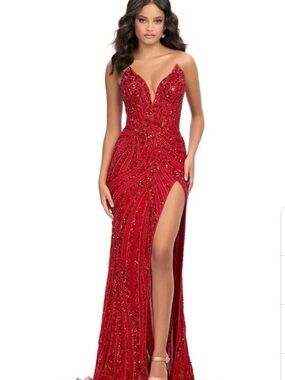 Stunning Red Beaded Plunge Prom Gown